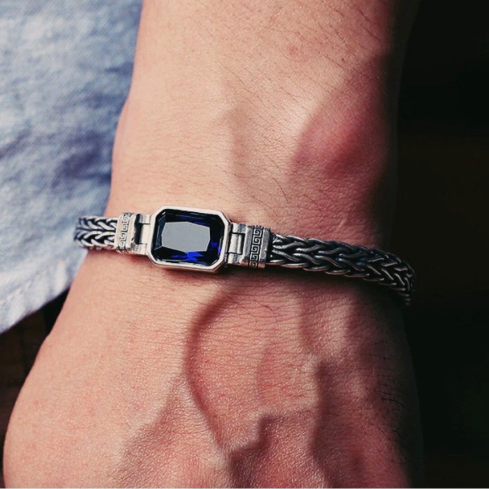 Stainless Chevron & Deep Blue Topaz Bracelet